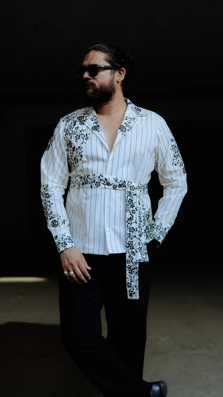 B&W stripe robe shirt with print and hand made pearls