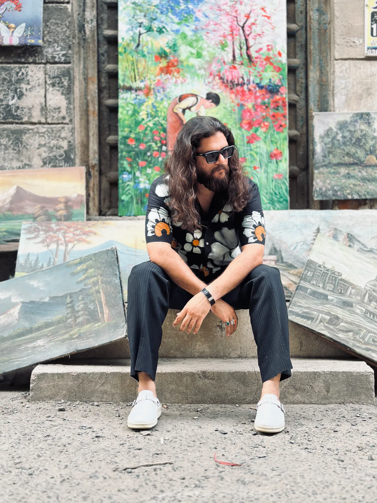 Hand-Painted Floral Cotton Black Shirt 2