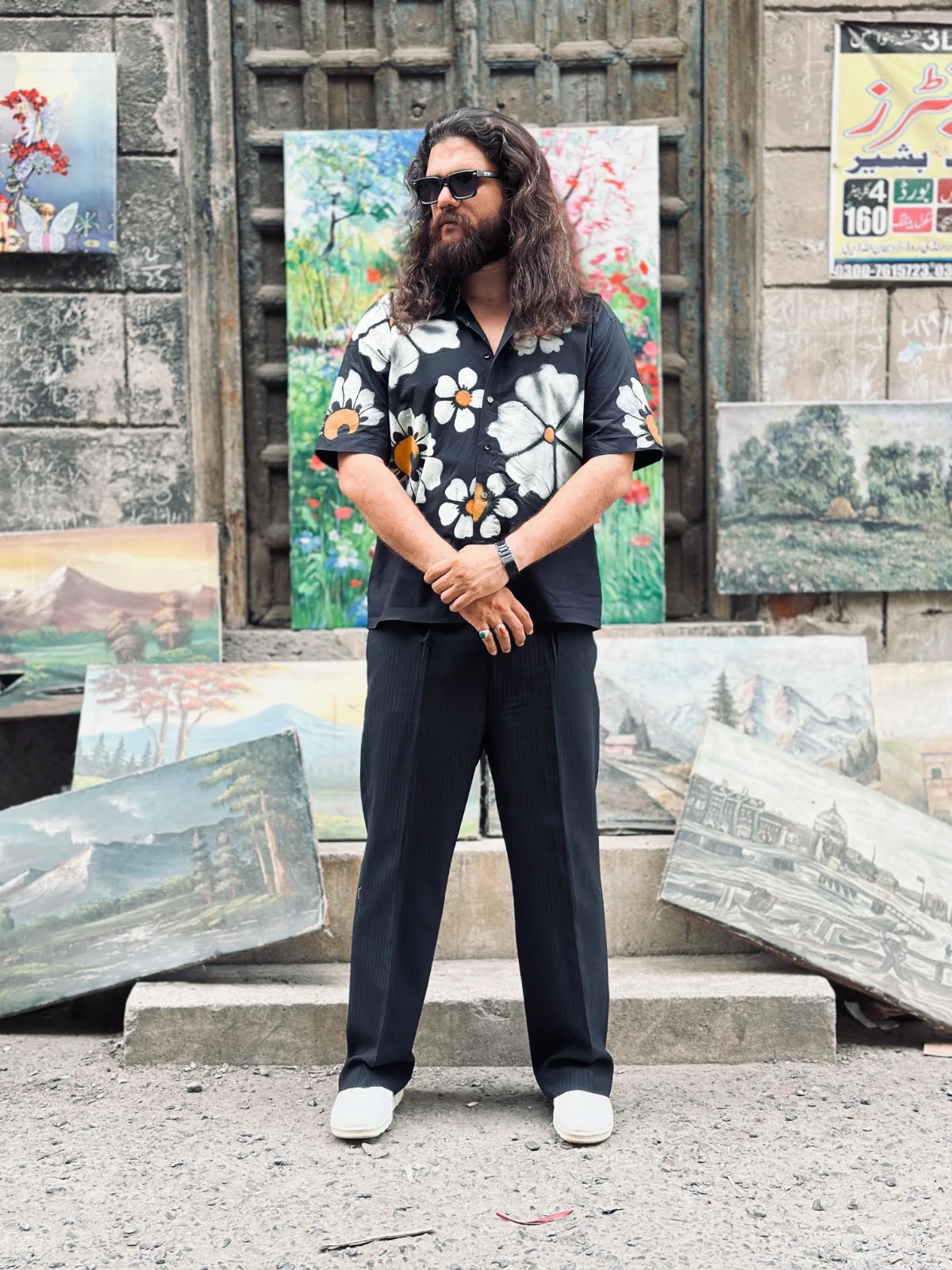 Hand-Painted Floral Cotton Black Shirt 3