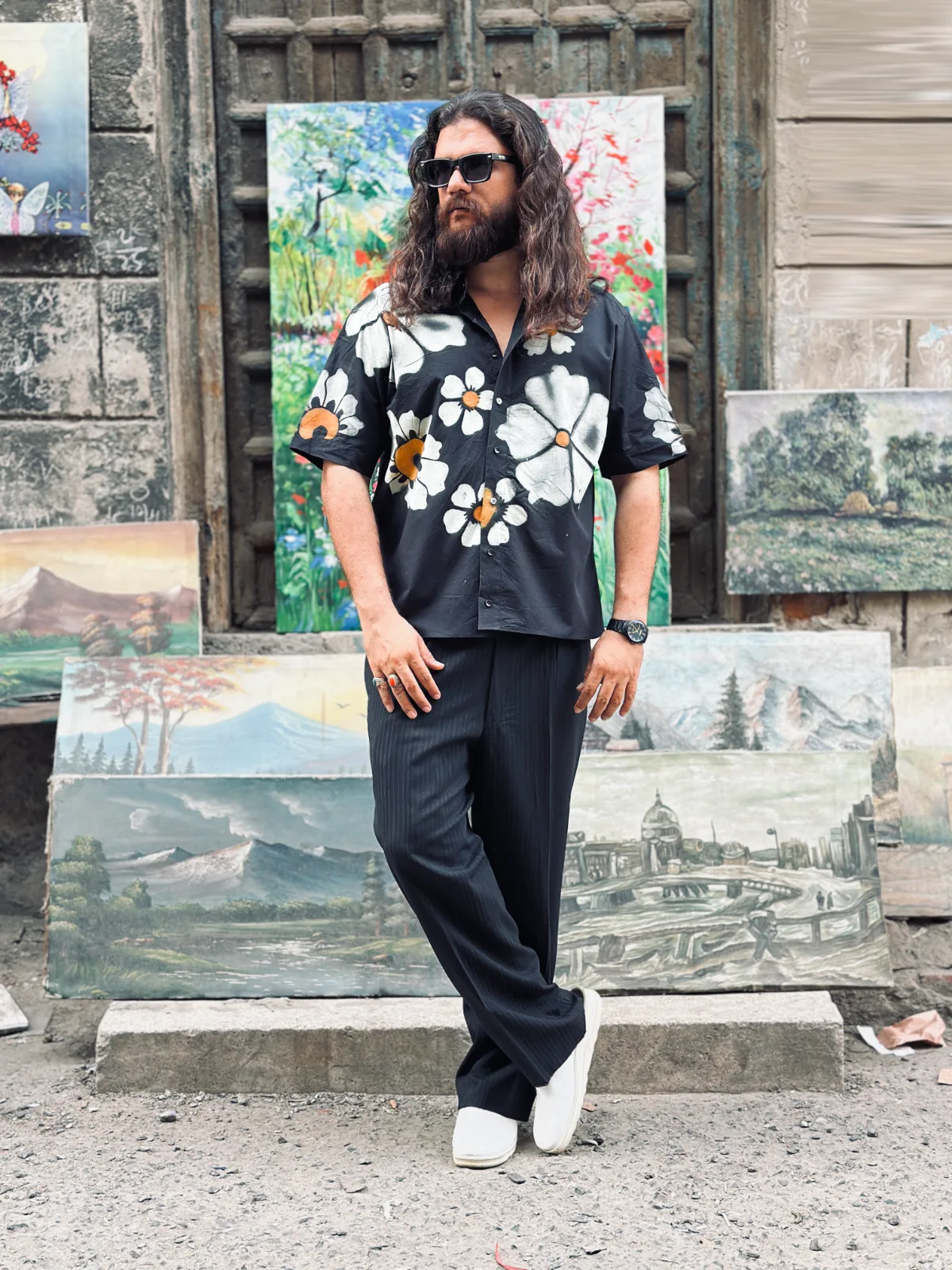 Hand-Painted Floral Cotton Black Shirt