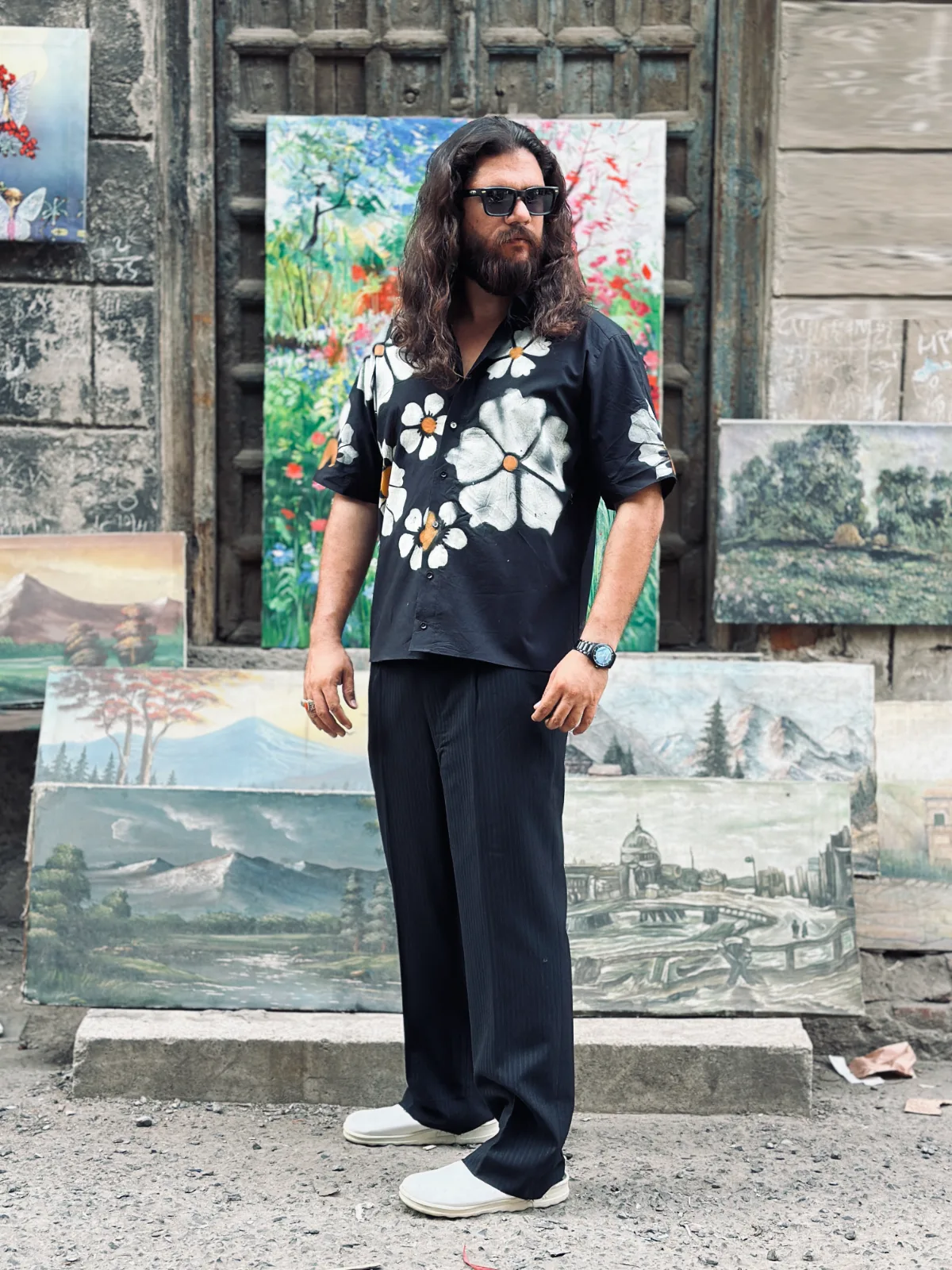 Hand-Painted Floral Cotton Black Shirt 4